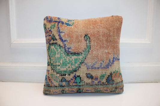 Vintage Turkish Kilim Pillow Cover, Abstract Boho Decor (16x16 in)