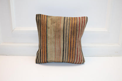 Striped Turkish Kilim Pillow Cover, Earth Tone Boho Cushion, Rustic Ethnic Decor Accent (16x16 in)