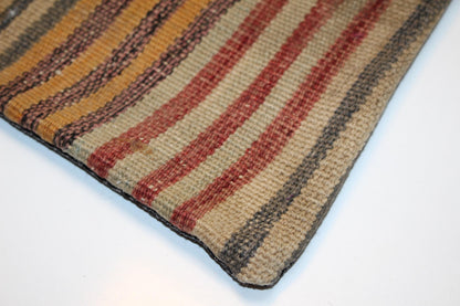 Striped Turkish Kilim Pillow Cover, Earth Tone Boho Cushion, Rustic Ethnic Decor Accent (16x16 in)