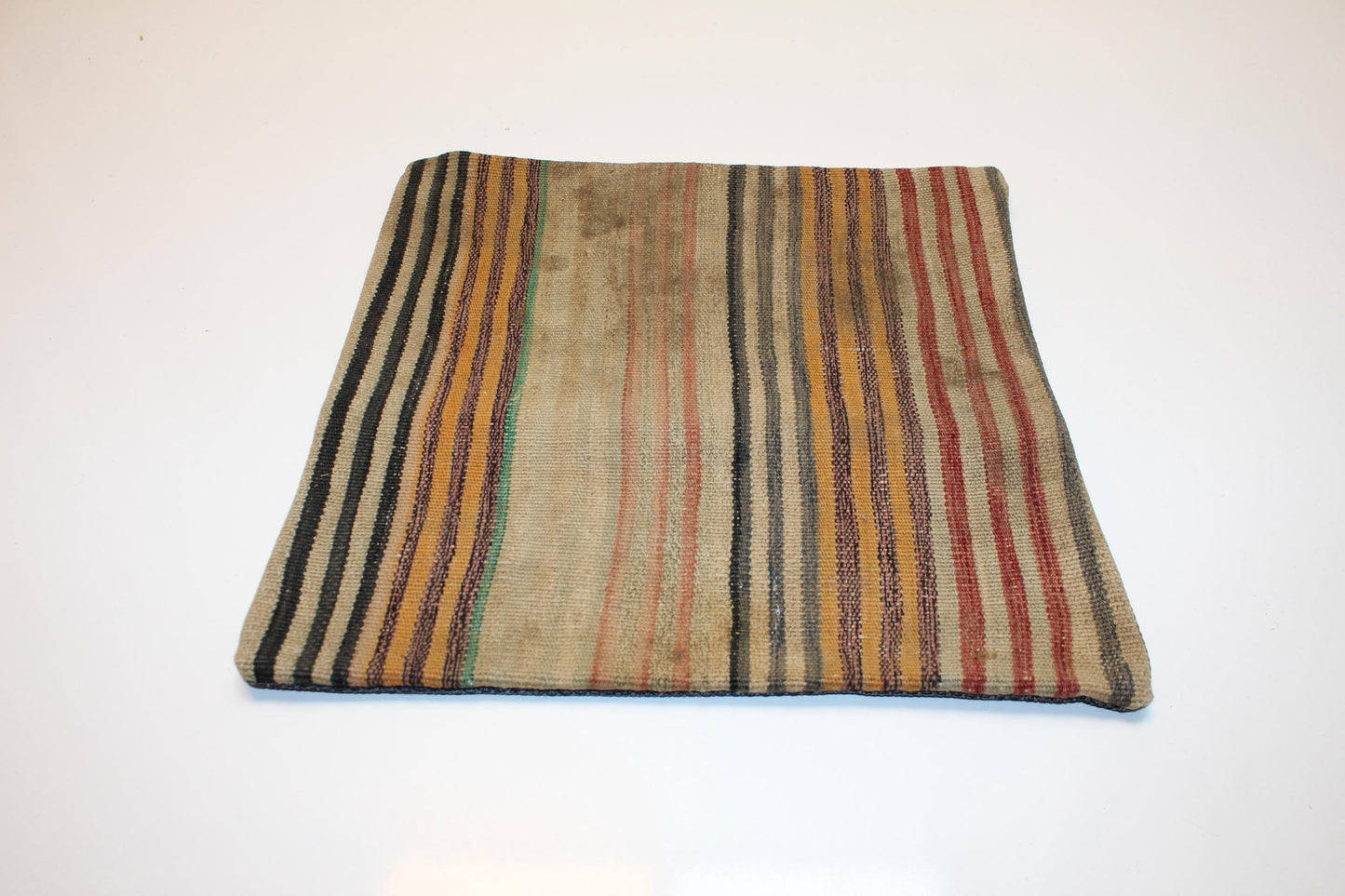 Striped Turkish Kilim Pillow Cover, Earth Tone Boho Cushion, Rustic Ethnic Decor Accent (16x16 in)