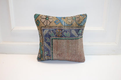 Floral Turkish Kilim Pillow Cover, Blue & Beige Boho Cushion, Soft Rustic Ethnic Home Decor Accent (16x16 in)