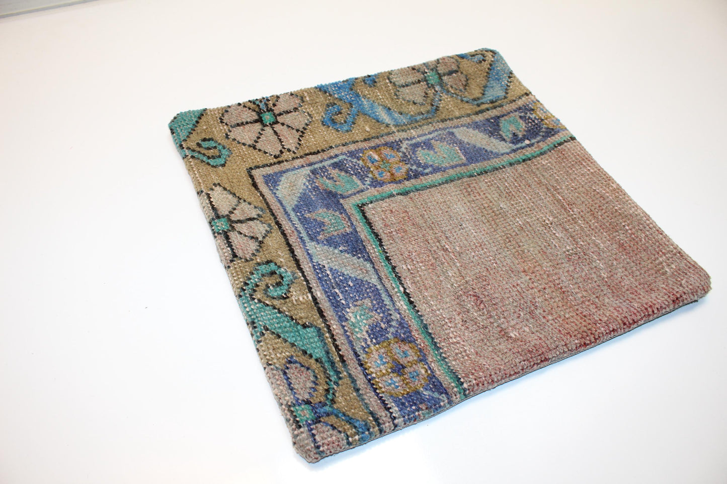 Floral Turkish Kilim Pillow Cover, Blue & Beige Boho Cushion, Soft Rustic Ethnic Home Decor Accent (16x16 in)