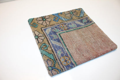Floral Turkish Kilim Pillow Cover, Blue & Beige Boho Cushion, Soft Rustic Ethnic Home Decor Accent (16x16 in)