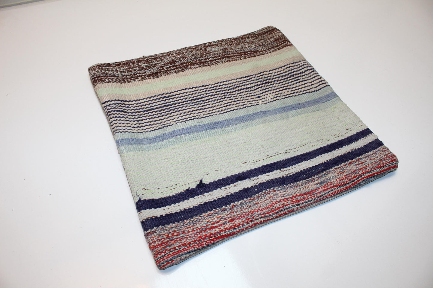 Kilim Pillow Cover, Striped Neutral Rug Cushion, Boho Ethnic Decor Accent Pillow (16x16 in)