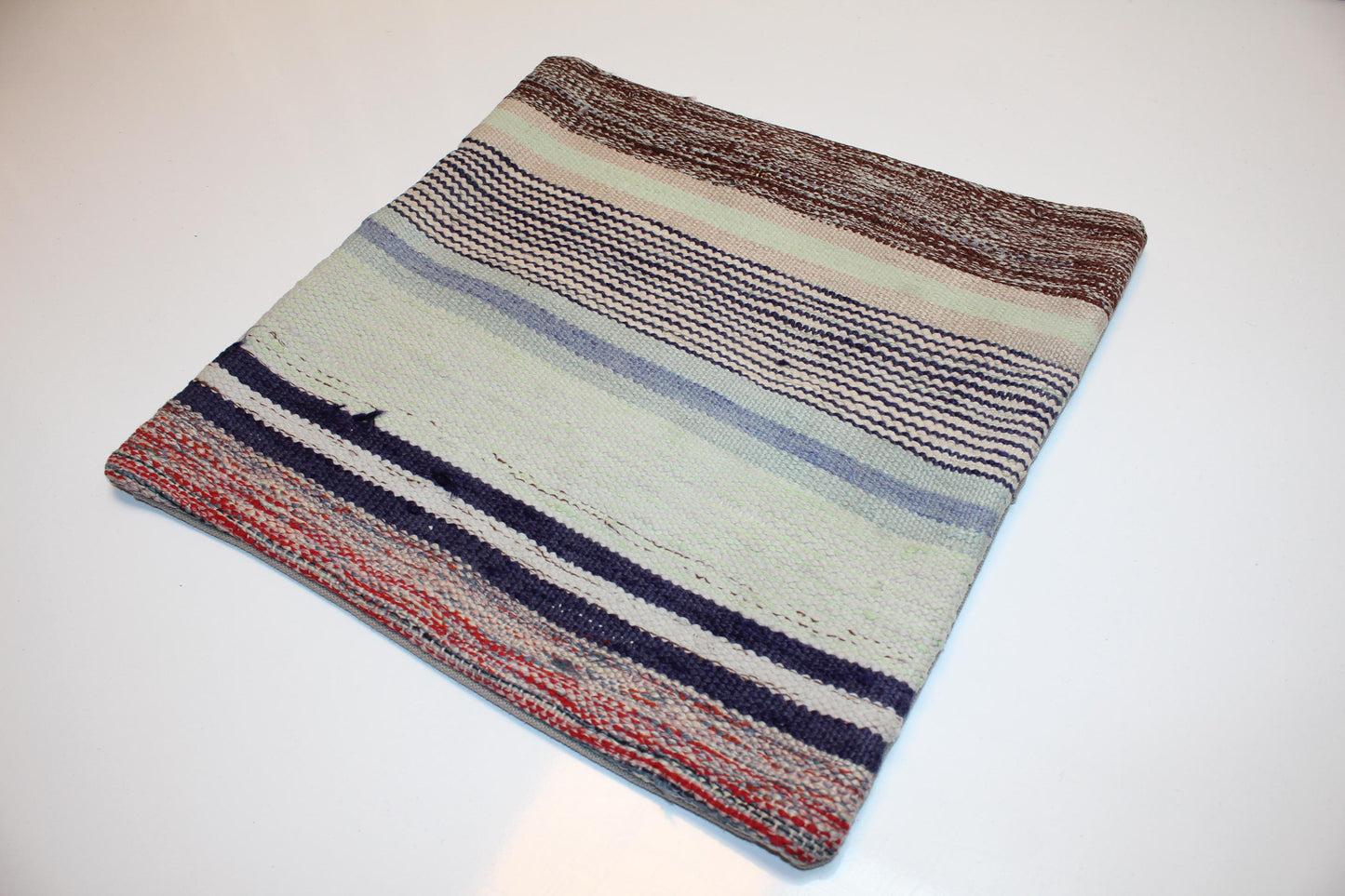 Kilim Pillow Cover, Striped Neutral Rug Cushion, Boho Ethnic Decor Accent Pillow (16x16 in)