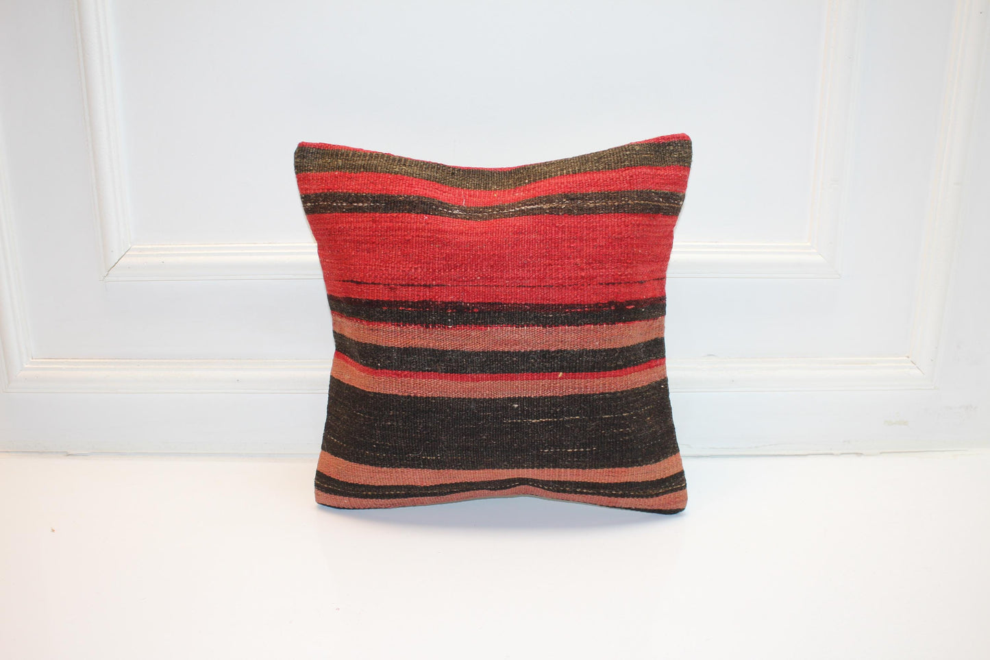 Bold Striped Rug Cushion, Tribal Boho Accent Pillow for Sofa or Chair (16x16 in)