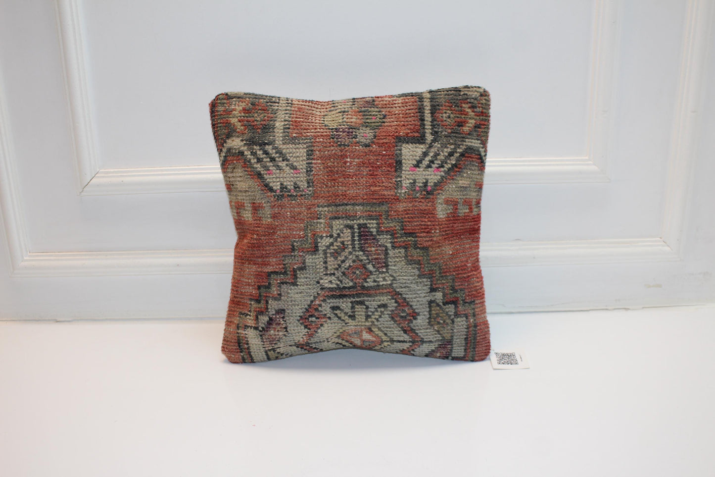 Geometric Tribal Rug Cushion, Earth Tone Boho Ethnic Accent Pillow (16x16 in)