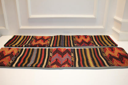 Set of 2 Vintage Turkish Kilim Lumbar Pillows, Tribal Pattern Bench Cushions, Boho Ethnic Long Rug Pillow Set(12x48)