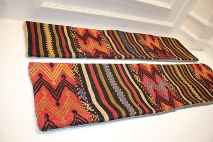 Set of 2 Vintage Turkish Kilim Lumbar Pillows, Tribal Pattern Bench Cushions, Boho Ethnic Long Rug Pillow Set(12x48)