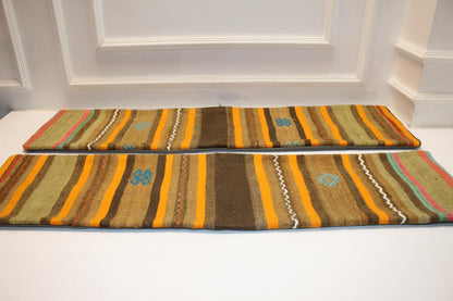 Set of 2 Vintage Turkish Kilim Lumbar Pillows, Striped Tribal Bench Cushions, Boho Ethnic Long Rug Pillow Set (12x48)