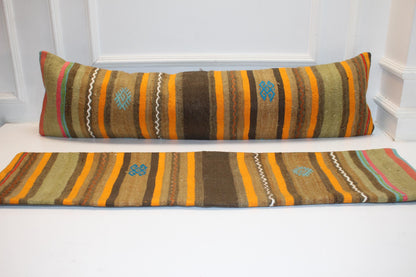 Set of 2 Vintage Turkish Kilim Lumbar Pillows, Striped Tribal Bench Cushions, Boho Ethnic Long Rug Pillow Set (12x48)