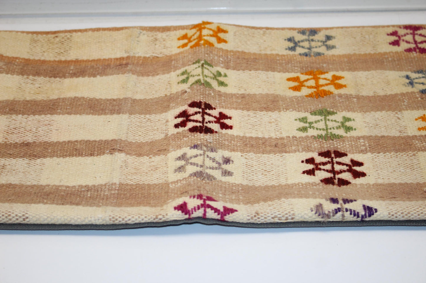 Neutral Striped Bench Cushion with Colorful Motifs, Boho Ethnic Long Rug Pillow(12x48)
