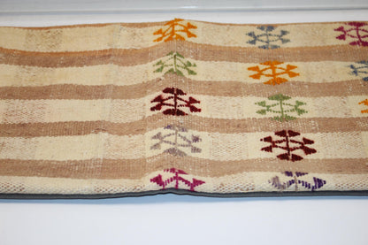 Neutral Striped Bench Cushion with Colorful Motifs, Boho Ethnic Long Rug Pillow(12x48)