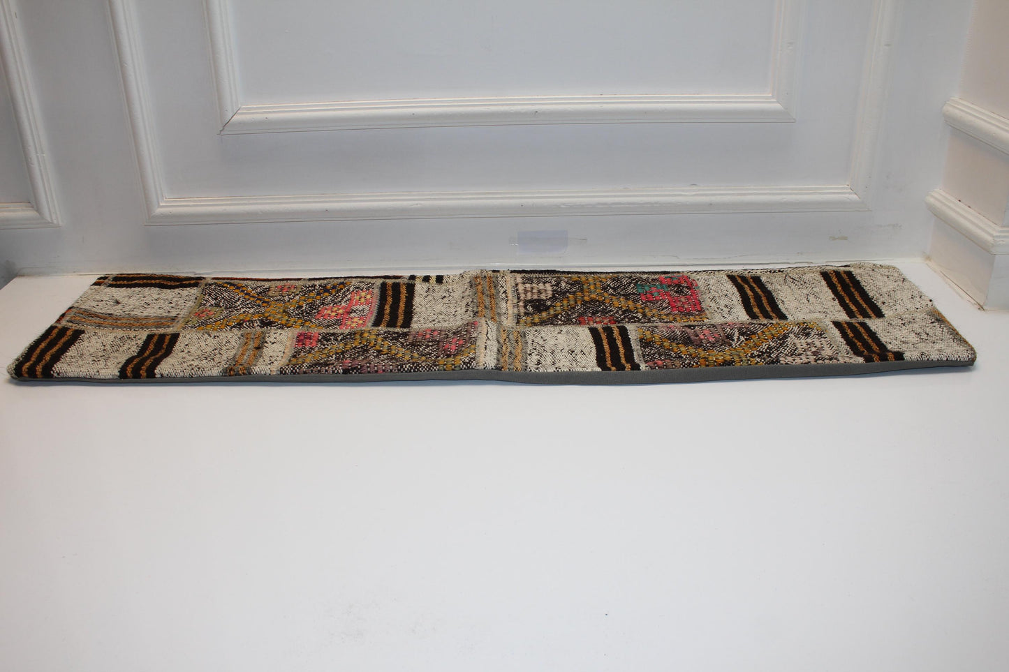 Vintage Turkish Kilim Lumbar Pillow Cover, Boho Patchwork Bench Cushion (12x48 inc.)