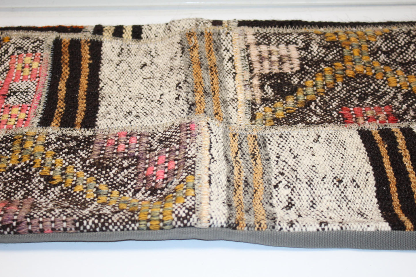 Vintage Turkish Kilim Lumbar Pillow Cover, Boho Patchwork Bench Cushion (12x48 inc.)