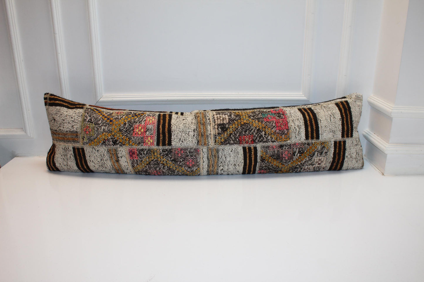 Vintage Turkish Kilim Lumbar Pillow Cover, Boho Patchwork Bench Cushion (12x48 inc.)