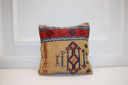 Vintage Turkish Kilim Pillow Cover, Handmade Wool, Boho Decor (16x16 in)