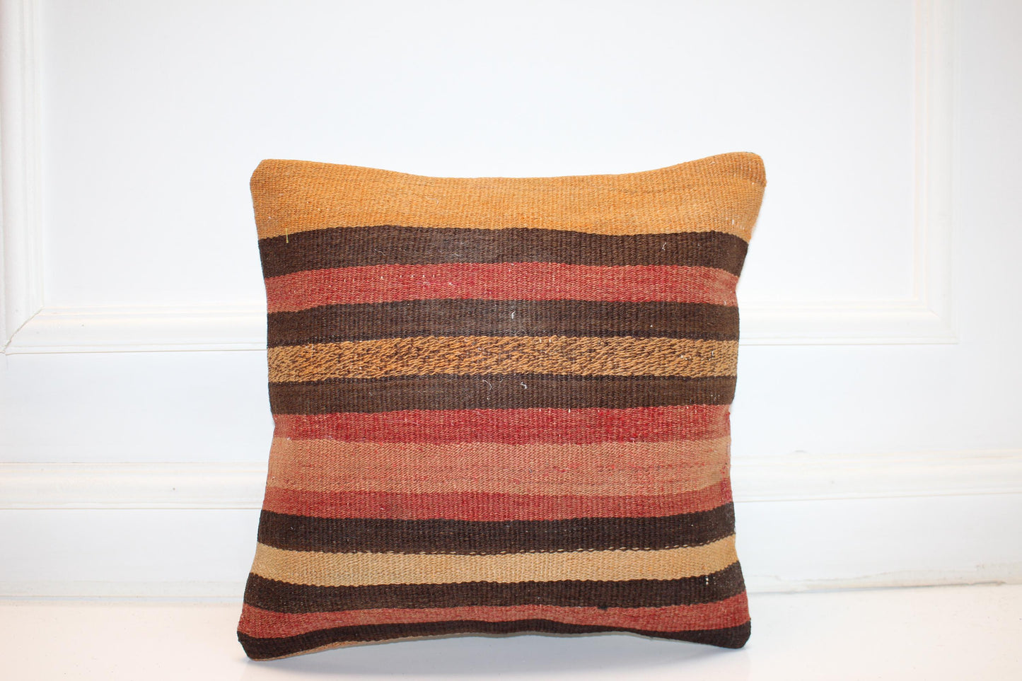 Handmade Turkish Kilim Pillow Cover, Striped Wool Cushion (16x16 in)