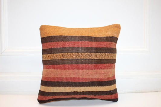 Handmade Turkish Kilim Pillow Cover, Striped Wool Cushion (16x16 in)