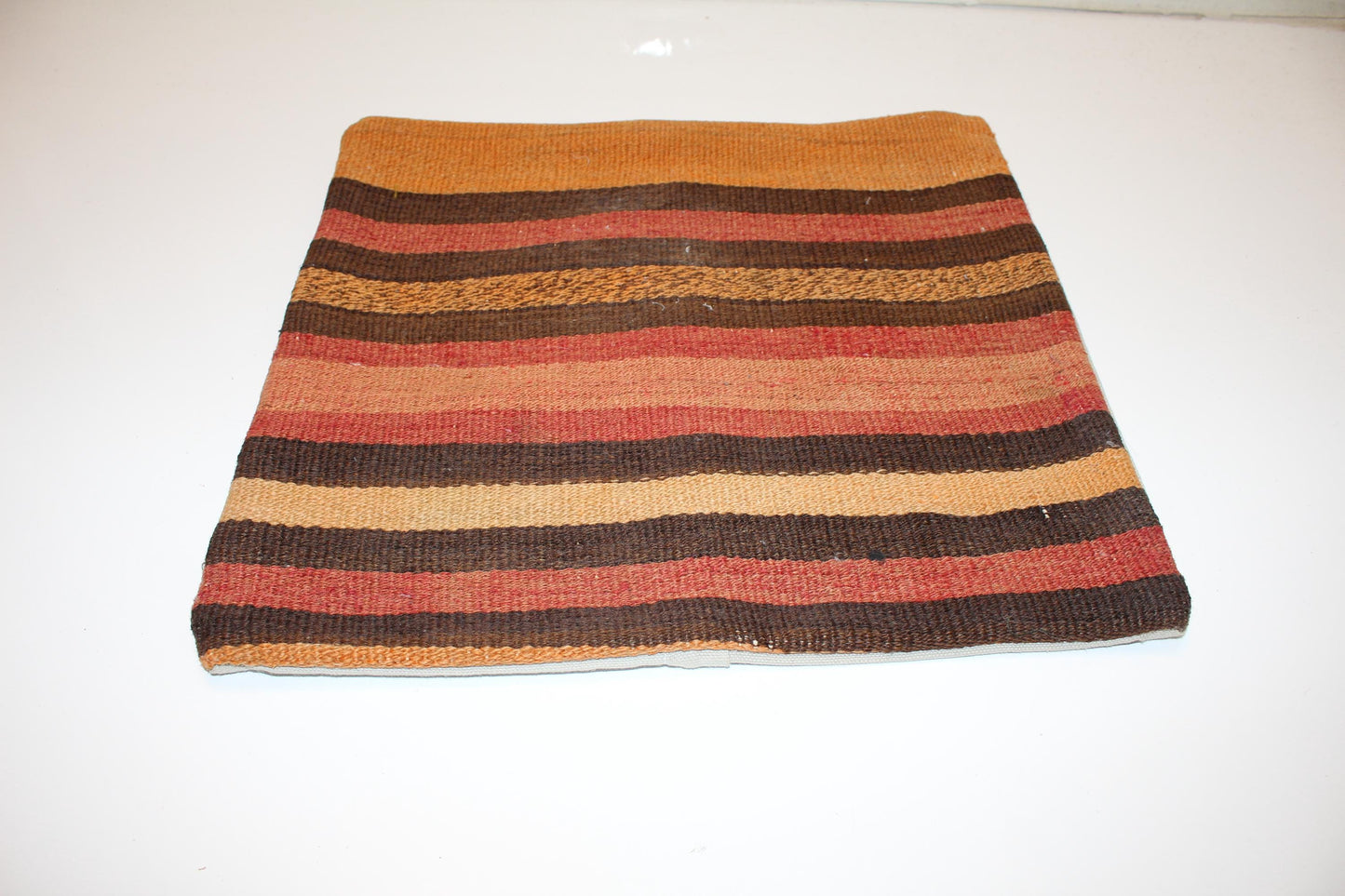 Handmade Turkish Kilim Pillow Cover, Striped Wool Cushion (16x16 in)