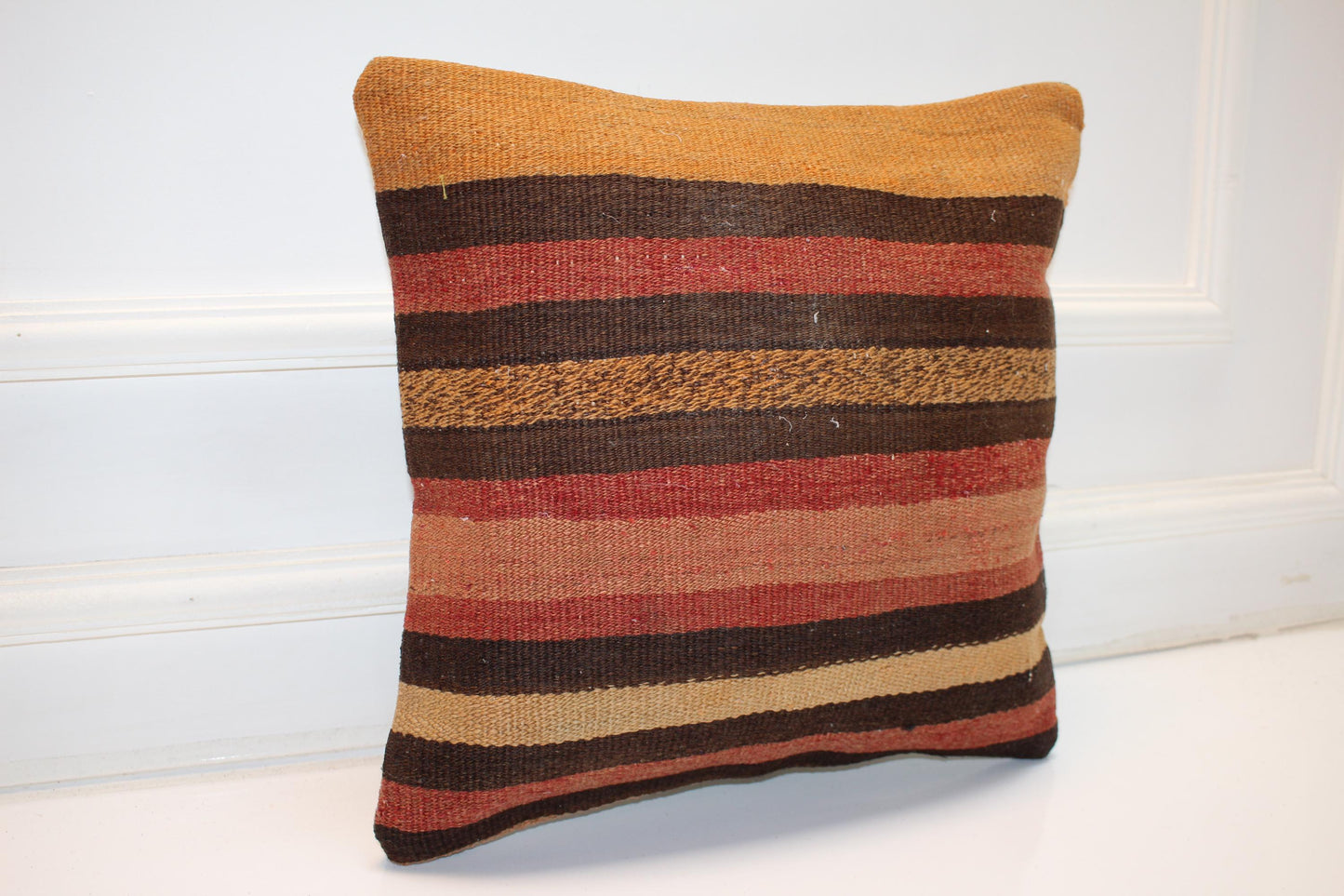Handmade Turkish Kilim Pillow Cover, Striped Wool Cushion (16x16 in)