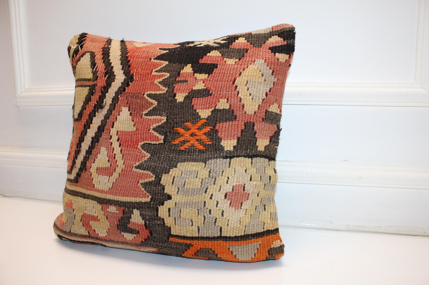 Vintage Turkish Kilim Pillow Cover, Geometric Woven Rug Cushion (16x16 in.)