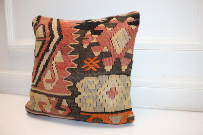 Vintage Turkish Kilim Pillow Cover, Geometric Woven Rug Cushion (16x16 in.)