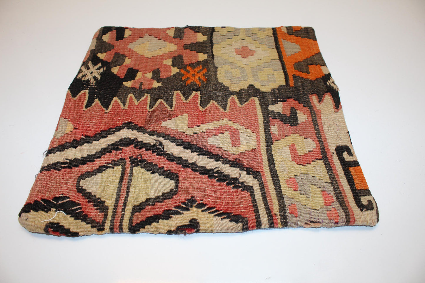 Vintage Turkish Kilim Pillow Cover, Geometric Woven Rug Cushion (16x16 in.)