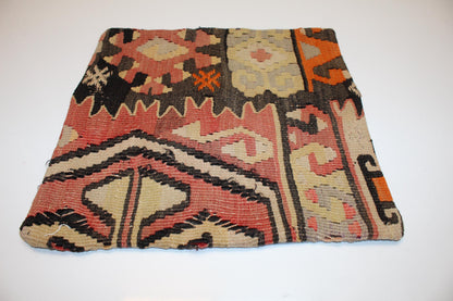 Vintage Turkish Kilim Pillow Cover, Geometric Woven Rug Cushion (16x16 in.)