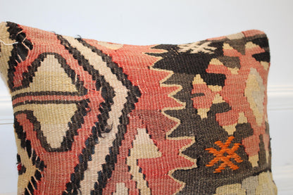 Vintage Turkish Kilim Pillow Cover, Geometric Woven Rug Cushion (16x16 in.)