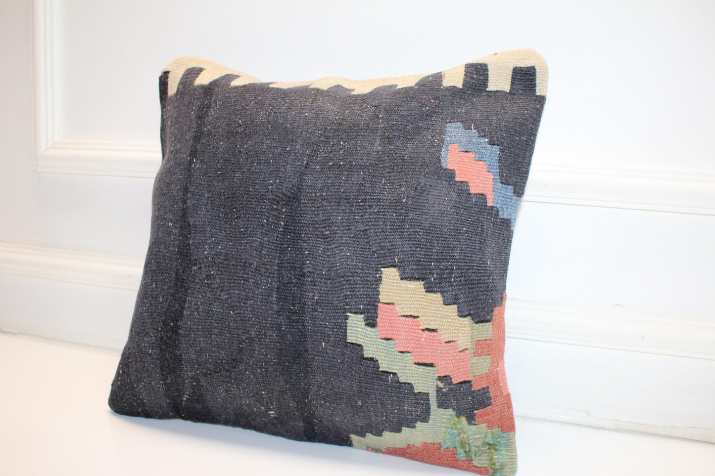 Dark Blue Minimal Cushion, Handmade Anatolian Rug Pillow, Modern Boho Home Decor(16x16 in)