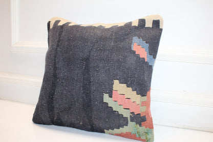 Dark Blue Minimal Cushion, Handmade Anatolian Rug Pillow, Modern Boho Home Decor(16x16 in)