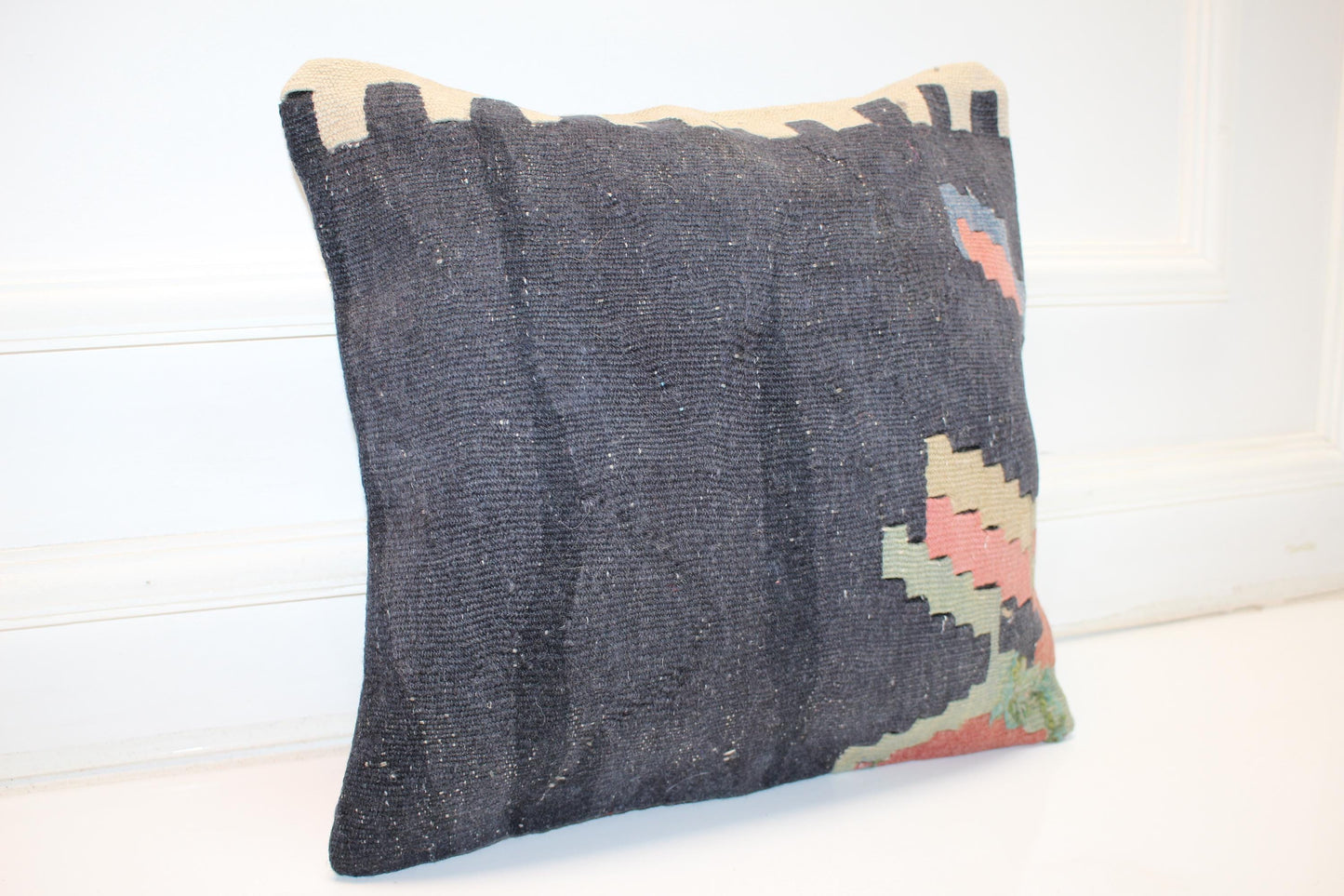 Dark Blue Minimal Cushion, Handmade Anatolian Rug Pillow, Modern Boho Home Decor(16x16 in)