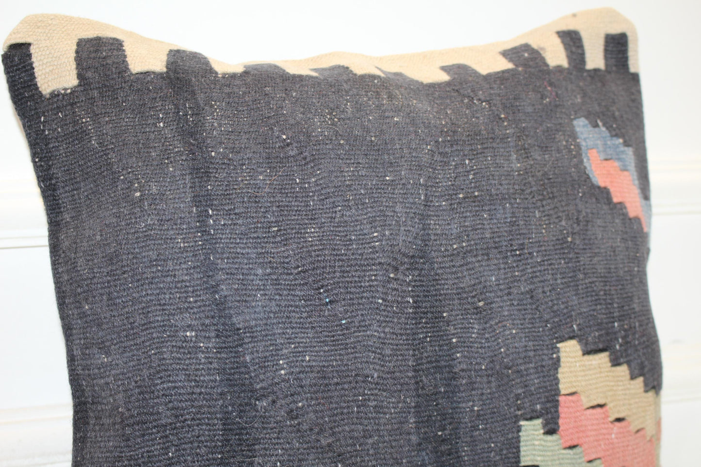Dark Blue Minimal Cushion, Handmade Anatolian Rug Pillow, Modern Boho Home Decor(16x16 in)