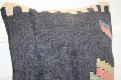 Dark Blue Minimal Cushion, Handmade Anatolian Rug Pillow, Modern Boho Home Decor(16x16 in)