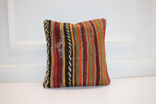 Colorful Striped Cushion, Handmade Anatolian Rug Pillow, Ethnic Boho Home Decor(16x16 in)