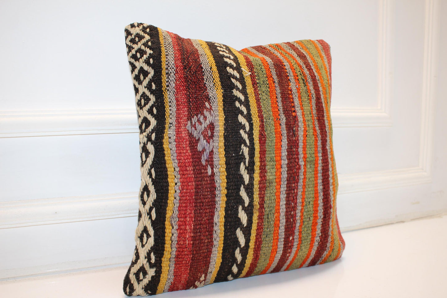 Colorful Striped Cushion, Handmade Anatolian Rug Pillow, Ethnic Boho Home Decor(16x16 in)