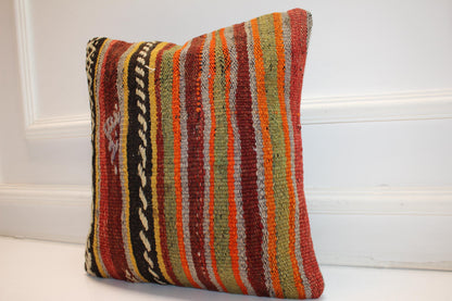 Colorful Striped Cushion, Handmade Anatolian Rug Pillow, Ethnic Boho Home Decor(16x16 in)