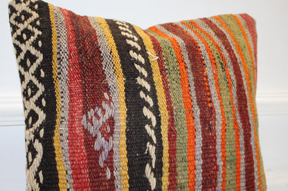 Colorful Striped Cushion, Handmade Anatolian Rug Pillow, Ethnic Boho Home Decor(16x16 in)