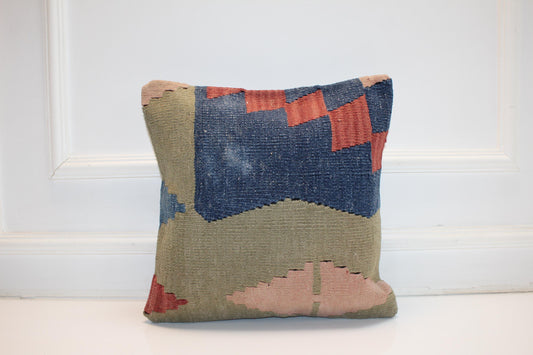 Abstract Color Block Cushion, Handmade Anatolian Rug Pillow, Modern Boho Home Decor(16x16 in)