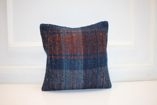 Indigo Blue Textured Cushion, Handmade Anatolian Rug Pillow, Moody Boho Home Decor(16x16 in)