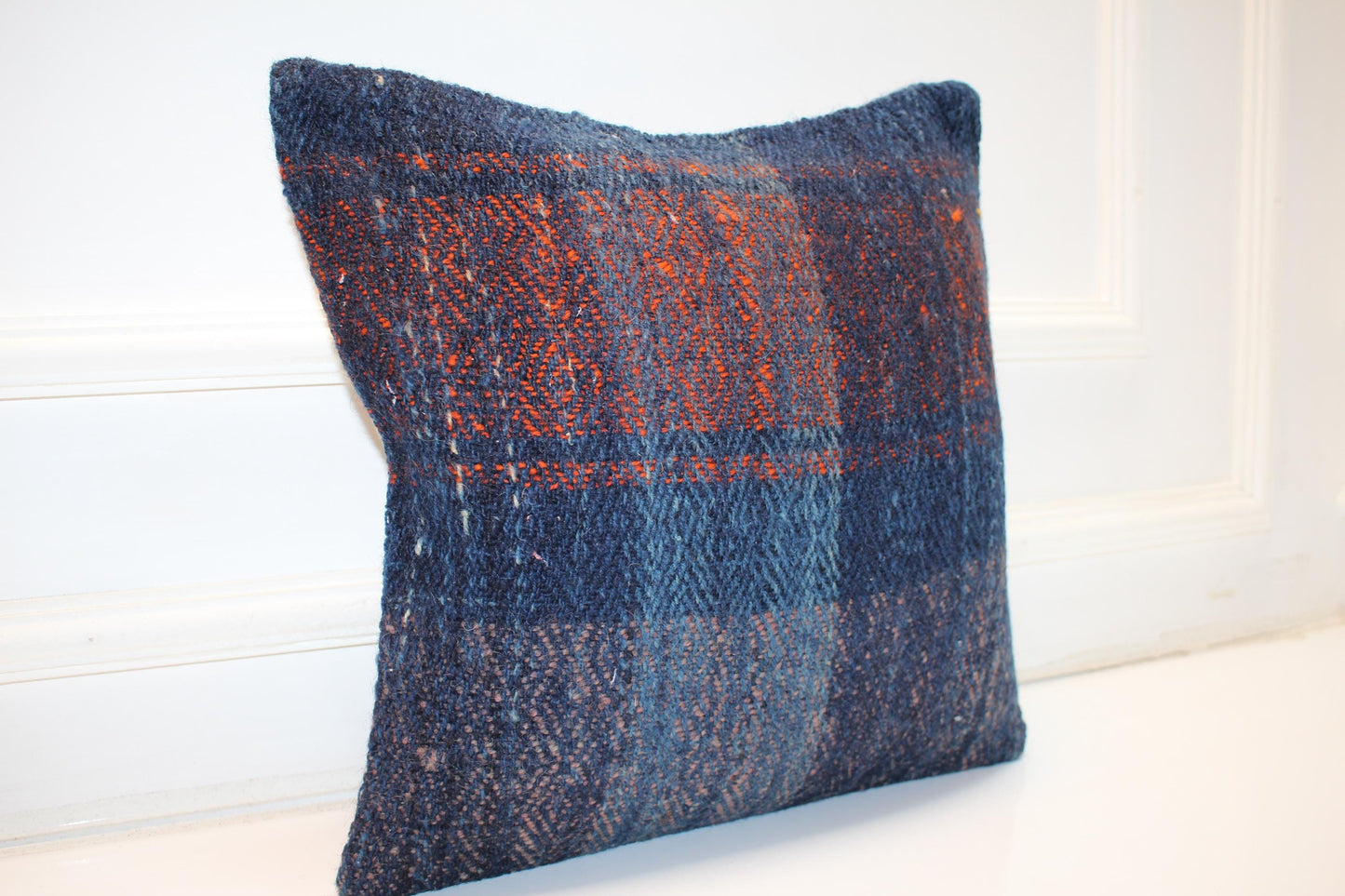 Indigo Blue Textured Cushion, Handmade Anatolian Rug Pillow, Moody Boho Home Decor(16x16 in)
