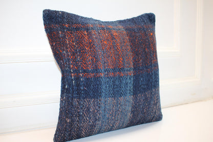 Indigo Blue Textured Cushion, Handmade Anatolian Rug Pillow, Moody Boho Home Decor(16x16 in)