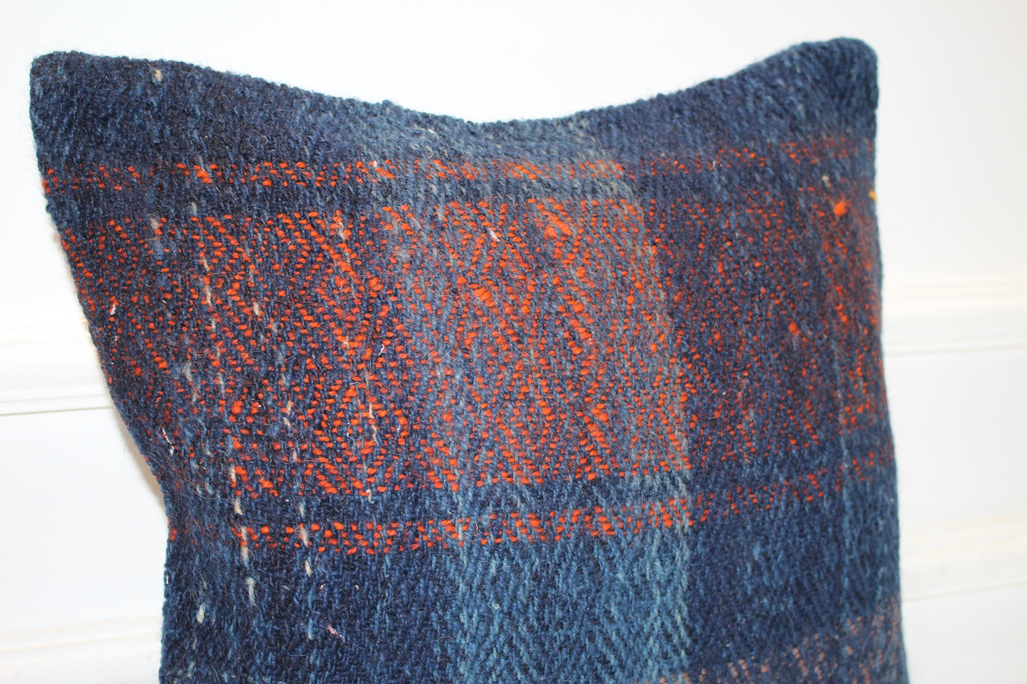 Indigo Blue Textured Cushion, Handmade Anatolian Rug Pillow, Moody Boho Home Decor(16x16 in)