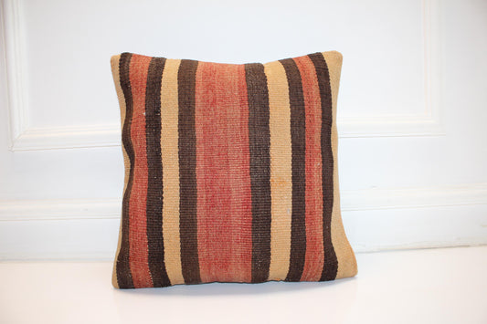 Vintage Turkish Kilim Pillow Cover, Striped Boho Cushion (16x16 in)