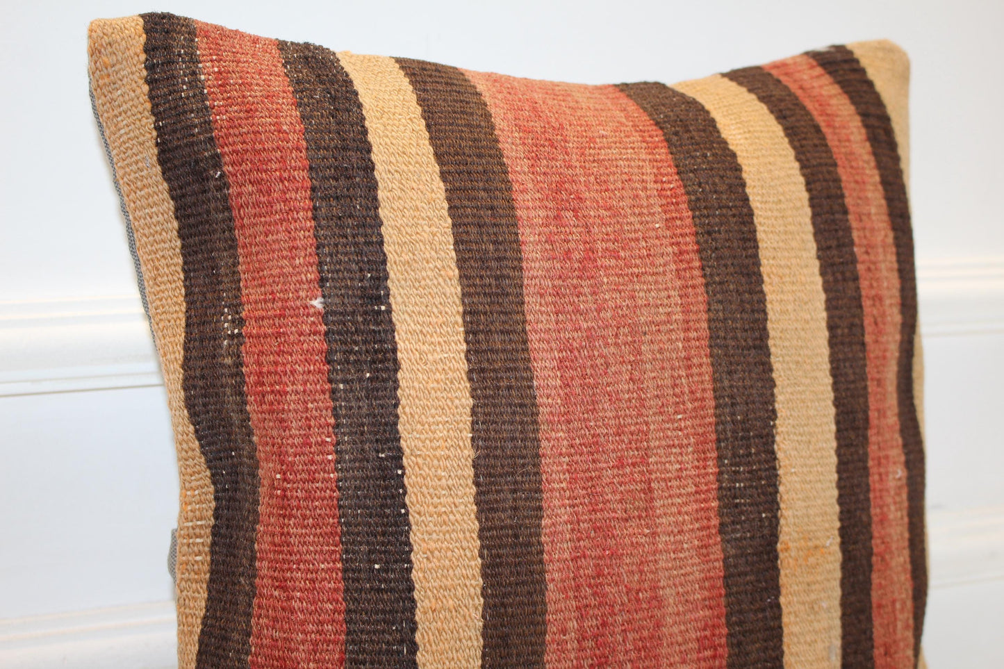 Vintage Turkish Kilim Pillow Cover, Striped Boho Cushion (16x16 in)