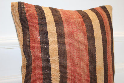 Vintage Turkish Kilim Pillow Cover, Striped Boho Cushion (16x16 in)
