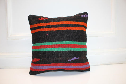 Vintage Turkish Kilim Pillow Cover, Black Striped Wool Cushion, Boho Decor (16x16 in)