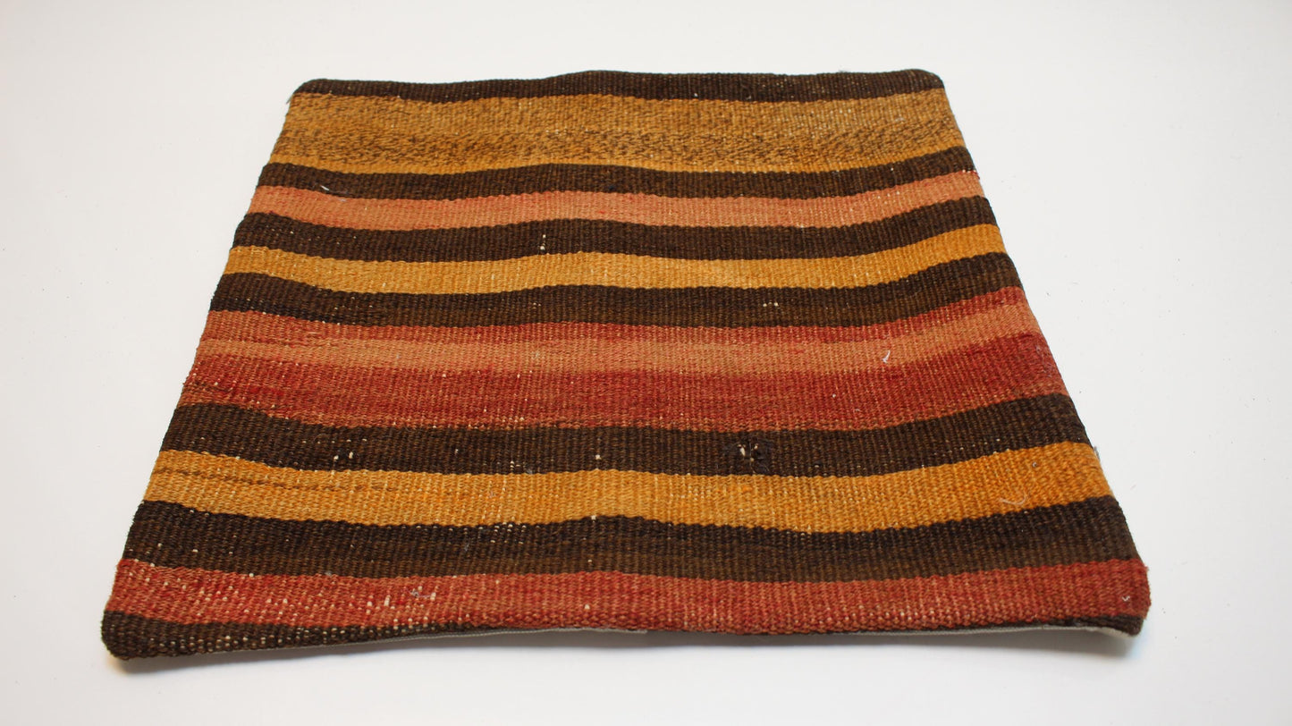 Warm Striped Cushion, Handmade Anatolian Rug Pillow, Earth Tone Boho Home Decor(16x16 in)