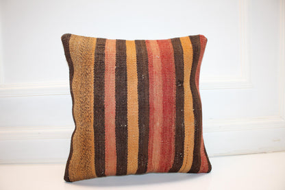 Warm Striped Cushion, Handmade Anatolian Rug Pillow, Earth Tone Boho Home Decor(16x16 in)